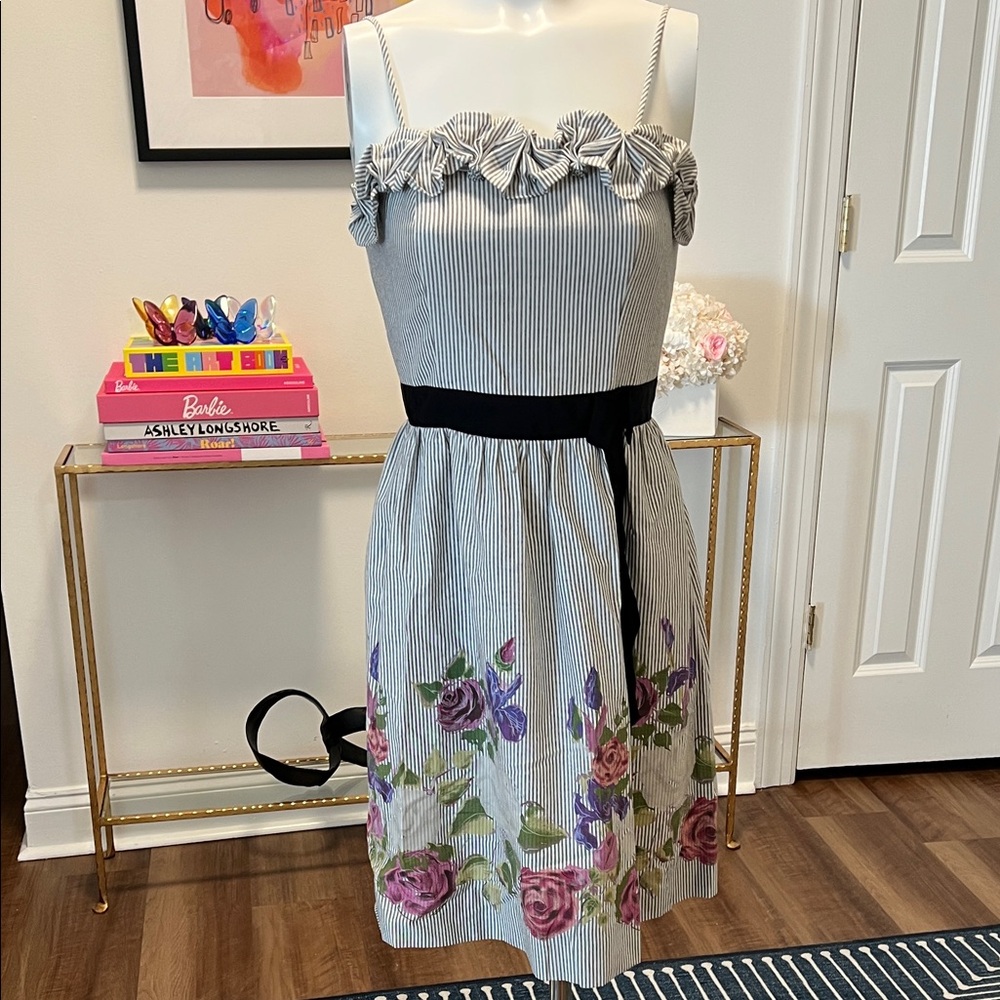 Velvet Striped Women's Dress with bow detail at waist and Floral Hem. Size 2